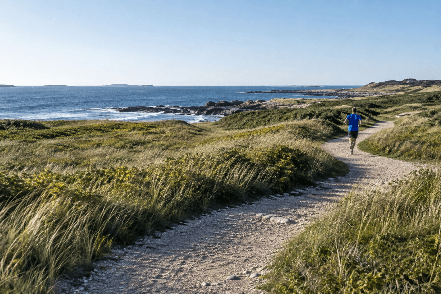 Runner heading out on a sunlit coastal path